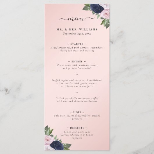 Navy Blauw en Blush Bloemen Bruiloft Menu (Voorkant)