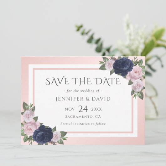 Navy Blauw en Blush Bruiloft Save The Date (Staand voorkant)