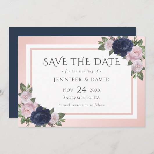 Navy Blauw en Blush Bruiloft Save The Date (Voorkant / Achterkant)