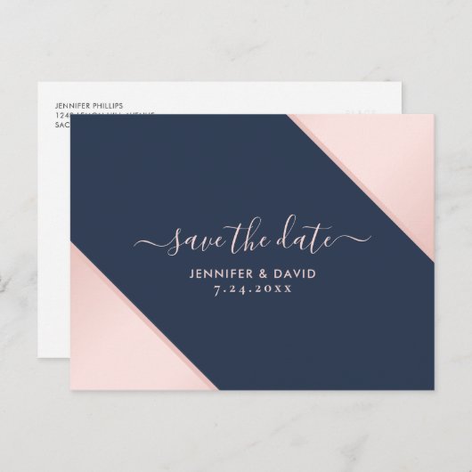 Navy Blauw en Blush Bruiloft Save The Date Aankondigingskaart (Voorkant / Achterkant)