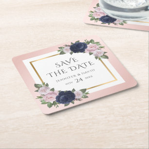 Navy Blauw en Blush Bruiloft Save The Date Kartonnen Onderzetters