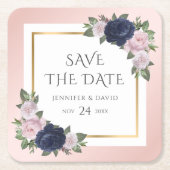 Navy Blauw en Blush Bruiloft Save The Date Kartonnen Onderzetters (Voorkant)