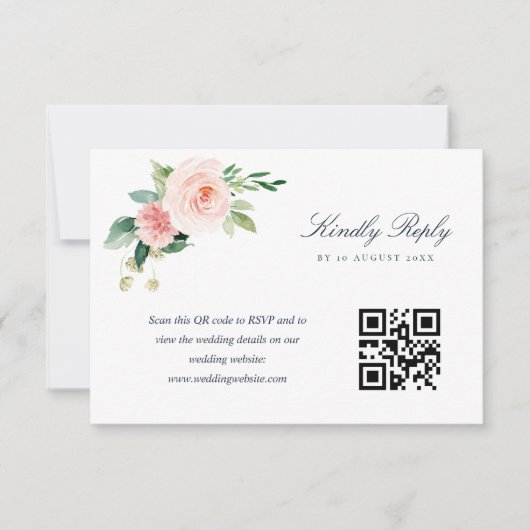 Navy blauw en blush roze bloemen QR code RSVP kaar (Voorkant)
