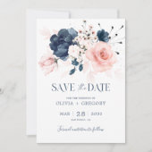 Navy Blauw en Blush Roze Bruiloft Save The Date (Voorkant)