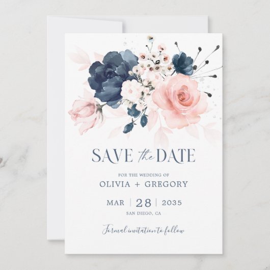 Navy Blauw en Blush Roze Bruiloft Save The Date (Voorkant)
