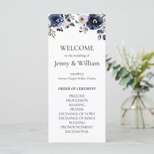 Navy Blauw en Blush Roze Elegant Bloemen Bruiloft (Staand voorkant)