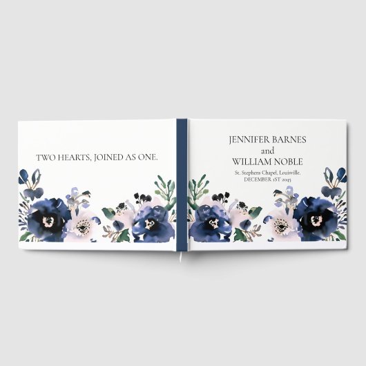 Navy Blauw en Blush Roze Elegant Bloemen Bruiloft Gastenboek (Volledig)