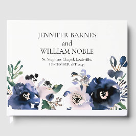 Navy Blauw en Blush Roze Elegant Bloemen Bruiloft Gastenboek