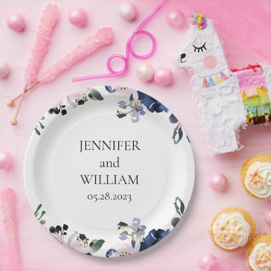 Navy Blauw en Blush Roze Elegant Bloemen Bruiloft Papieren Bordje (Feest)