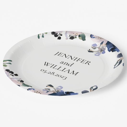 Navy Blauw en Blush Roze Elegant Bloemen Bruiloft Papieren Bordje (Gekanteld)