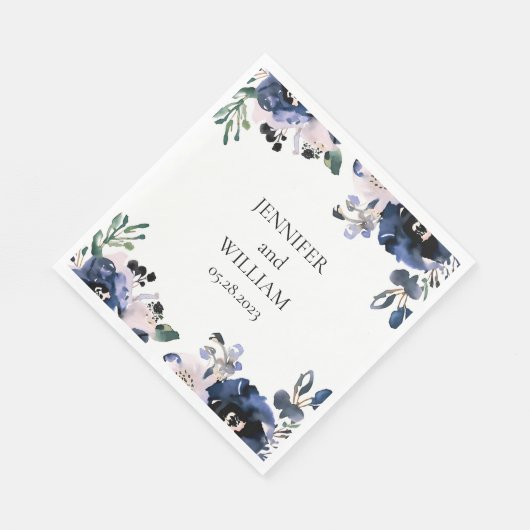 Navy Blauw en Blush Roze Elegant Bloemen Bruiloft Servet (Hoek)