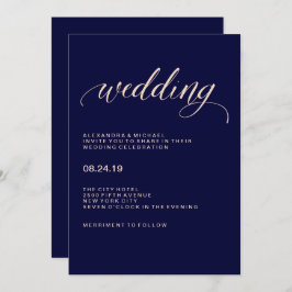 Navy Blauw en Blush Roze Typografie Bruiloft Kaart