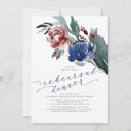 Navy Blauw en Bourgondië Rood Bloemen repetitie di Kaart (Voorkant)