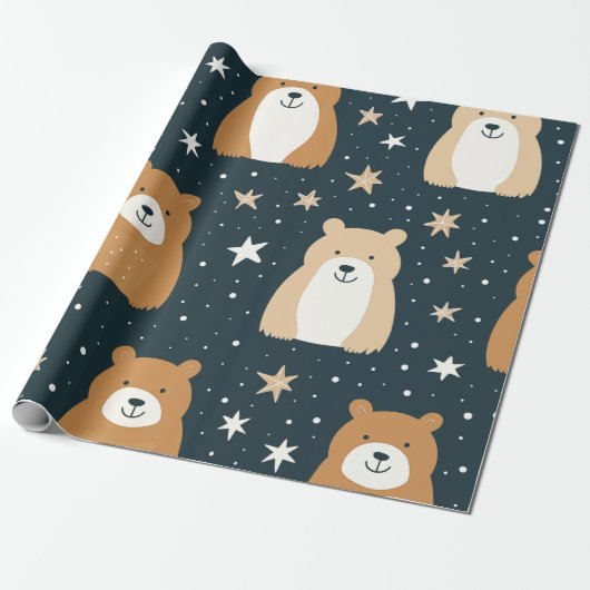Navy Blauw en Bruin Kerst Beer Cadeaupapier (Uitgerold)