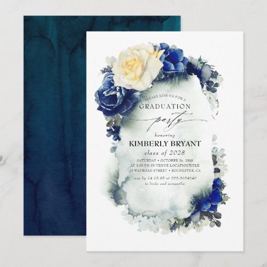 Navy Blauw en Geel Bloemen Afstuderen Kaart (Voorkant / Achterkant)