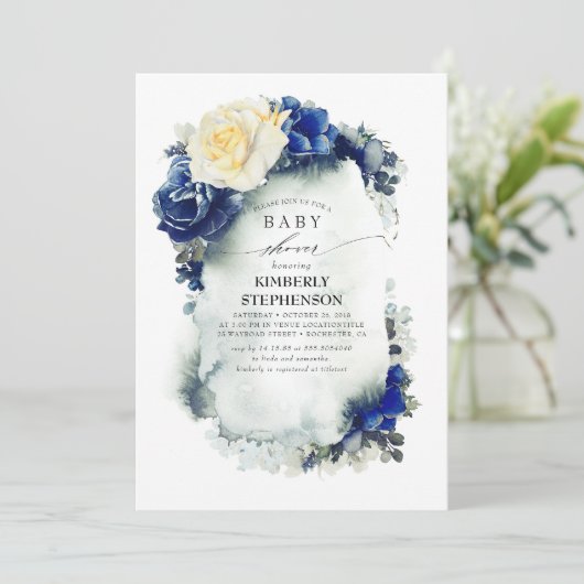 Navy Blauw en Geel Bloemen  Baby shower Kaart (Staand voorkant)