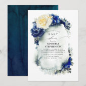 Navy Blauw en Geel Bloemen  Baby shower Kaart (Voorkant / Achterkant)