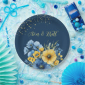 Navy Blauw en Geel Bloemen Goud Glitter Bruiloft Papieren Bordje (Feest)