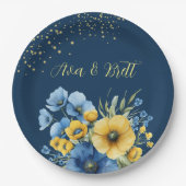 Navy Blauw en Geel Bloemen Goud Glitter Bruiloft Papieren Bordje (Voorkant)