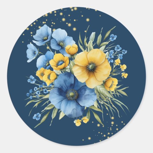 Navy Blauw en Geel Bloemen Goud Glitter Bruiloft Ronde Sticker (Voorkant)