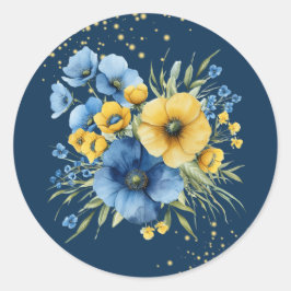 Navy Blauw en Geel Bloemen Goud Glitter Bruiloft Ronde Sticker