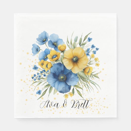 Navy Blauw en Geel Bloemen Goud Glitter Bruiloft Servet (Voorkant)