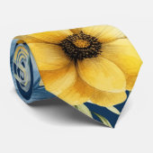 Navy Blauw en Geel Bloemen Goud Glitter Bruiloft Stropdas (Opgerold)