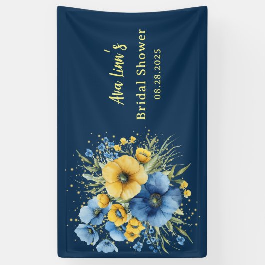 Navy Blauw en Geel Bloemen Goud Vrijgezellenfeest Spandoek (Verticaal)