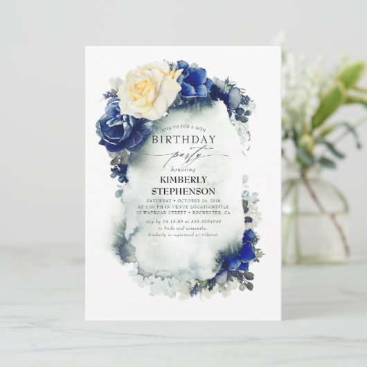 Navy Blauw en Geel Bloemen  Verjaardag Kaart (Staand voorkant)