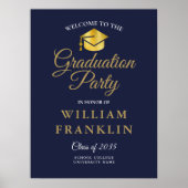 Navy Blauw en Goud Afstudeerfeest Welkomstbord Poster (Voorkant)