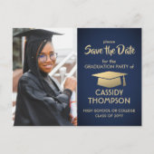 Navy Blauw en Goud Afstuderen Foto Save the Date Briefkaart (Voorkant)