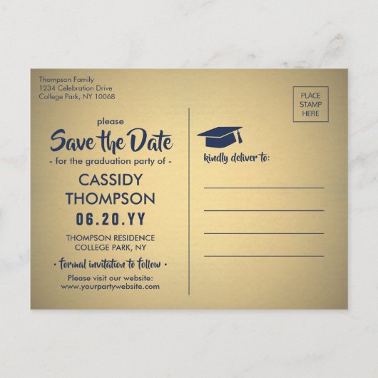 Navy Blauw en Goud Afstuderen Foto Save the Date Briefkaart (Achterkant)