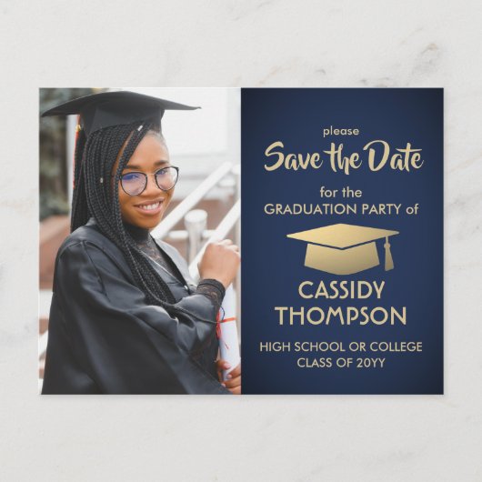Navy Blauw en Goud Afstuderen Foto Save the Date Briefkaart (Voorkant)