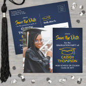 Navy Blauw en Goud Afstuderen Foto Save the Date Briefkaart