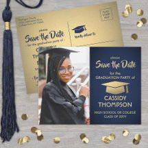 Navy Blauw en Goud Afstuderen Foto Save the Date
