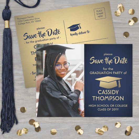 Navy Blauw en Goud Afstuderen Foto Save the Date Briefkaart