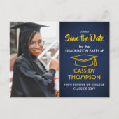 Navy Blauw en Goud Afstuderen Foto Save the Date Briefkaart (Voorkant)