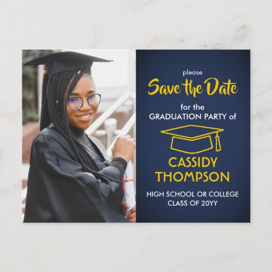 Navy Blauw en Goud Afstuderen Foto Save the Date Briefkaart (Voorkant)