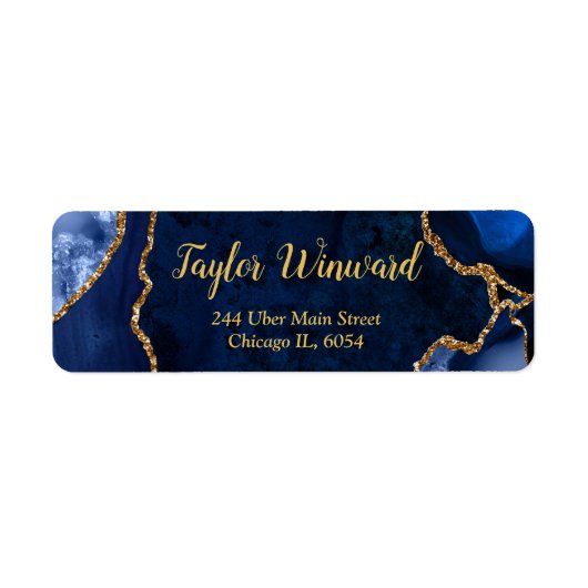 Navy-blauw en goud agaat marmeren verjaardagsfeest etiket (Voorkant)