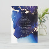Navy Blauw en Goud Alcohol Ink Bruiloft Kaart (Staand voorkant)