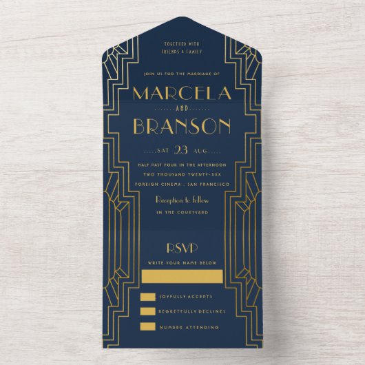 Navy Blauw en Goud Art Deco Bruiloft All In One Uitnodiging (Binnen)