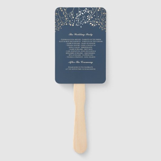 Navy blauw en goud | Baby's Breath bruiloft progra Handwaaier (Achterkant)
