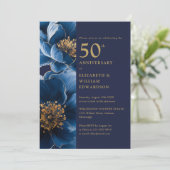 Navy Blauw en Goud Bloemen 50e Jubileum Kaart (Staand voorkant)