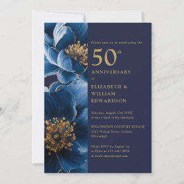 Navy Blauw en Goud Bloemen 50e Jubileum Kaart