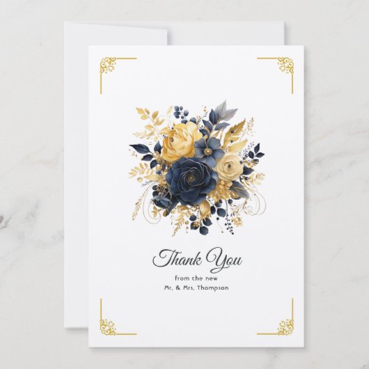 Navy Blauw en Goud Bloemen Bruiloft Bedankkaart (Voorkant)