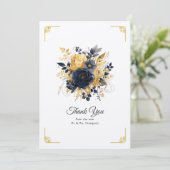 Navy Blauw en Goud Bloemen Bruiloft Bedankkaart (Staand voorkant)