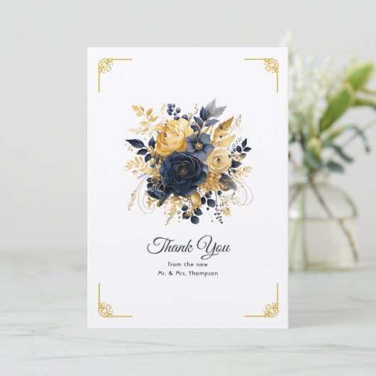 Navy Blauw en Goud Bloemen Bruiloft Bedankkaart (Staand voorkant)