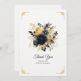 Navy Blauw en Goud Bloemen Bruiloft Bedankkaart