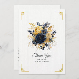Navy Blauw en Goud Bloemen Bruiloft Bedankkaart