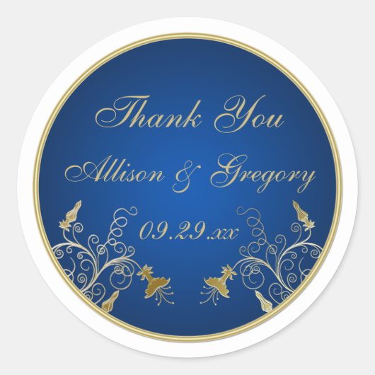 Navy Blauw en Goud Bloemen Bruiloft Favor Sticker (Voorkant)